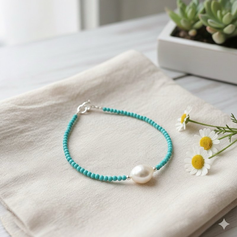 Ops  Turquoise Pearls Silver Gemstone  Mint green bracelet - สร้อยข้อมือ - เครื่องเพชรพลอย สีเขียว