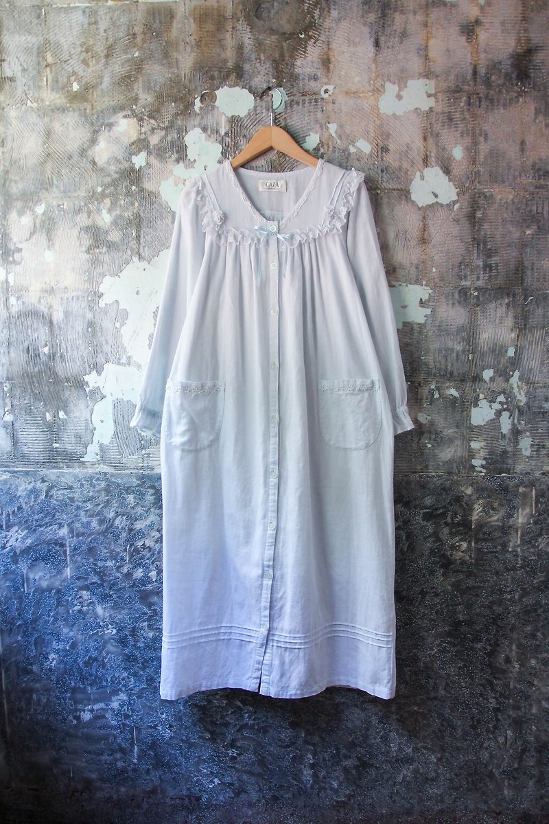 袅袅 department store-Vintage light pink blue stitching lace open button dress retro - One Piece Dresses - Cotton & Hemp 