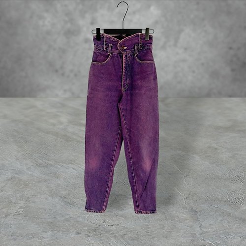 蘿綺莉蕾芭索 二手 紫色 牛仔 單寧 拼接 口袋 褲腳拉鍊 高腰 24 長褲 PF426