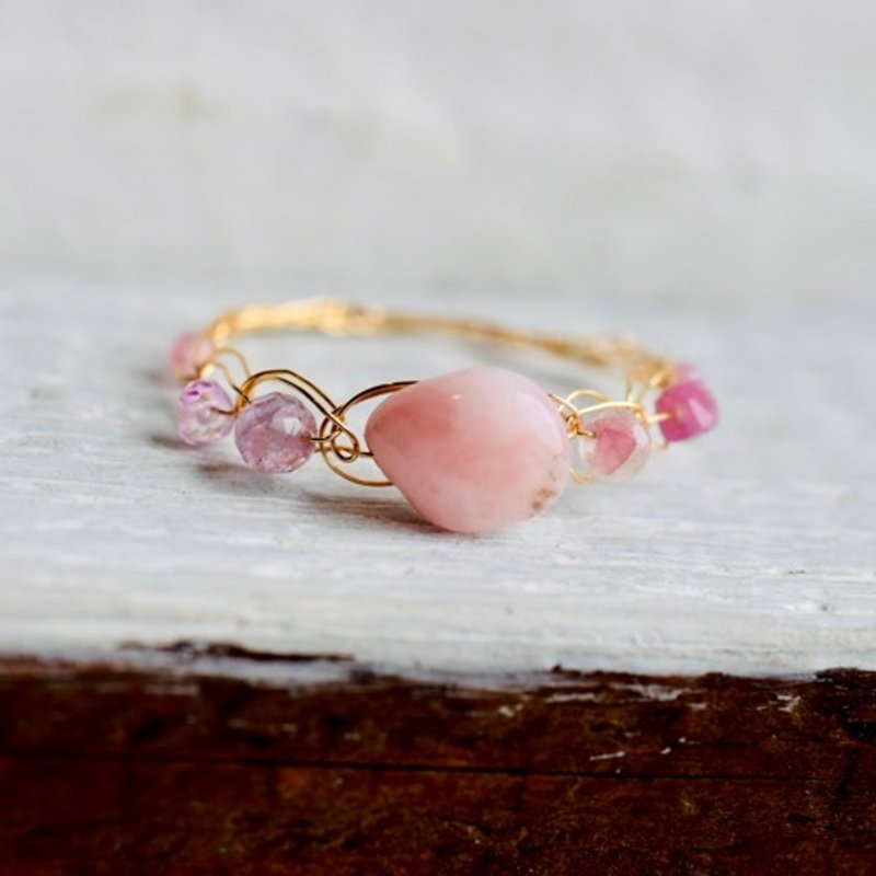 Opal tumbler 8mm, tourmaline, sapphire, spinel, chain braid / pink gold ring - แหวนทั่วไป - เครื่องเพชรพลอย 