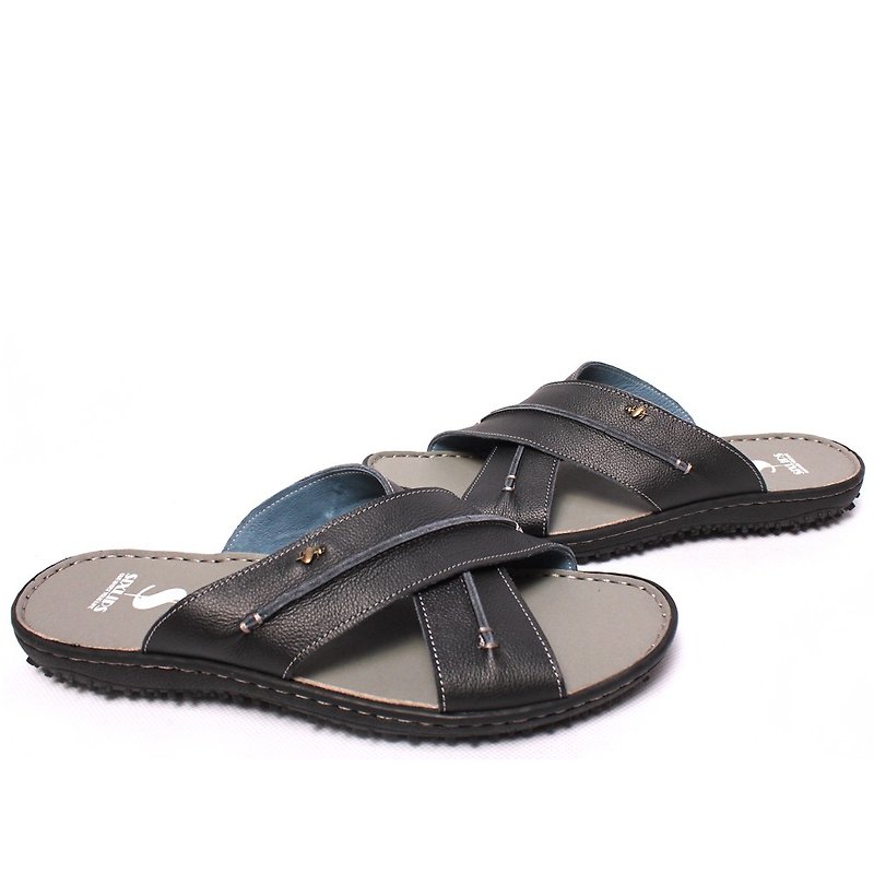 Temple filial good fashion shock absorption leather hand-sewed sandals and slippers black - รองเท้าแตะ - หนังแท้ สีดำ