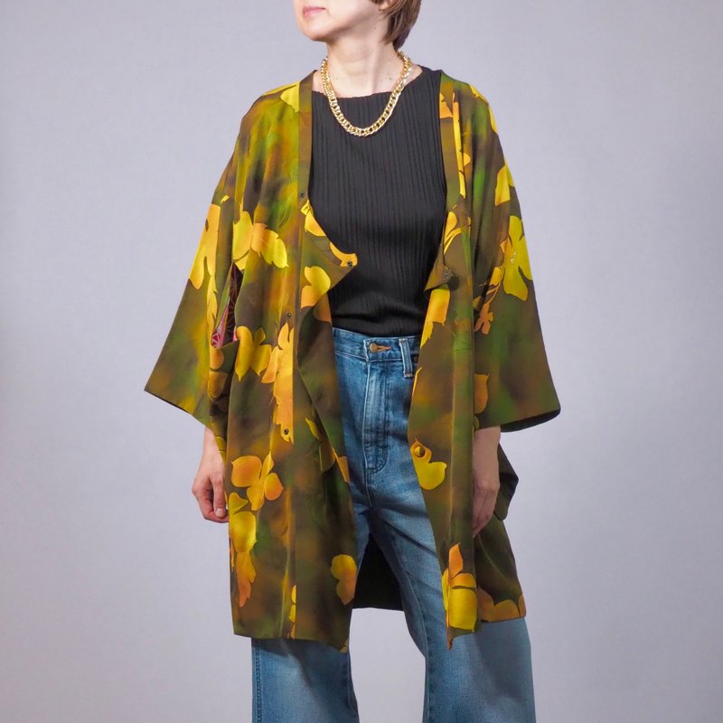 【日本製】psychedelic flower vintage kimono jacket, ethical fashion, gift - Women's Casual & Functional Jackets - Silk Green