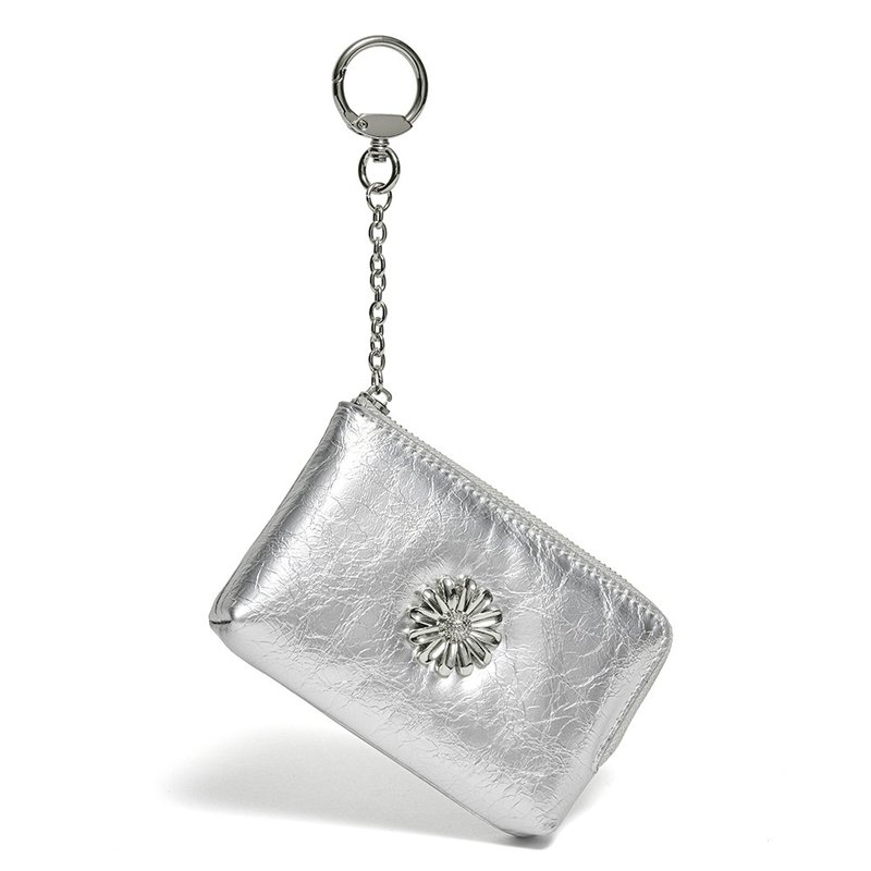 Daisy Keyring Coin Zipper Card Wallet Pouch Silver - 錢包/皮夾/長短夾 - 真皮 銀色