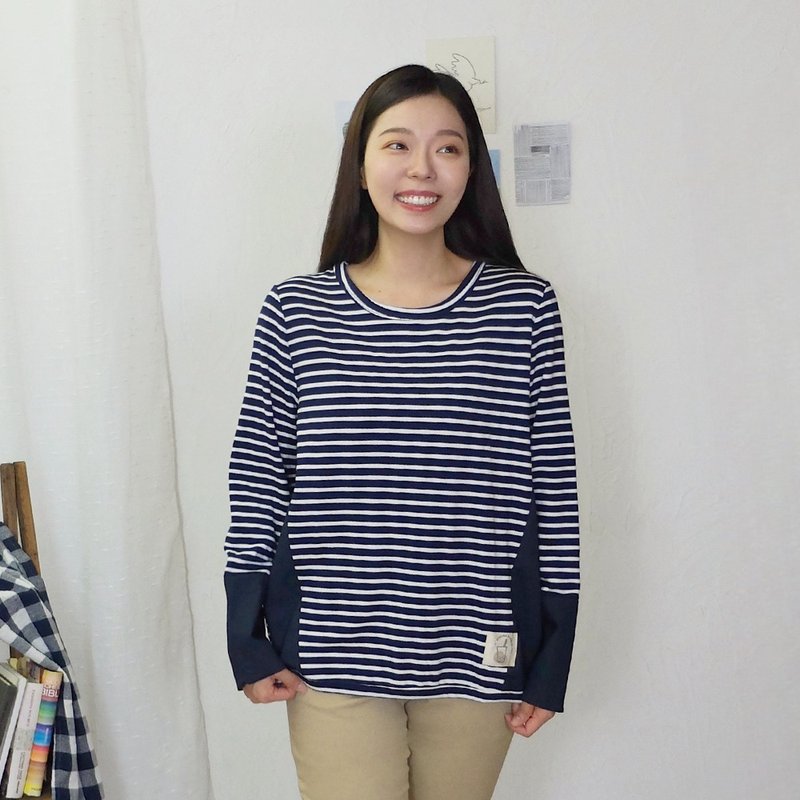 Hana Mokuba 針梭織拼接休閒條紋長袖上衣 - 女上衣/長袖上衣 - 其他材質 