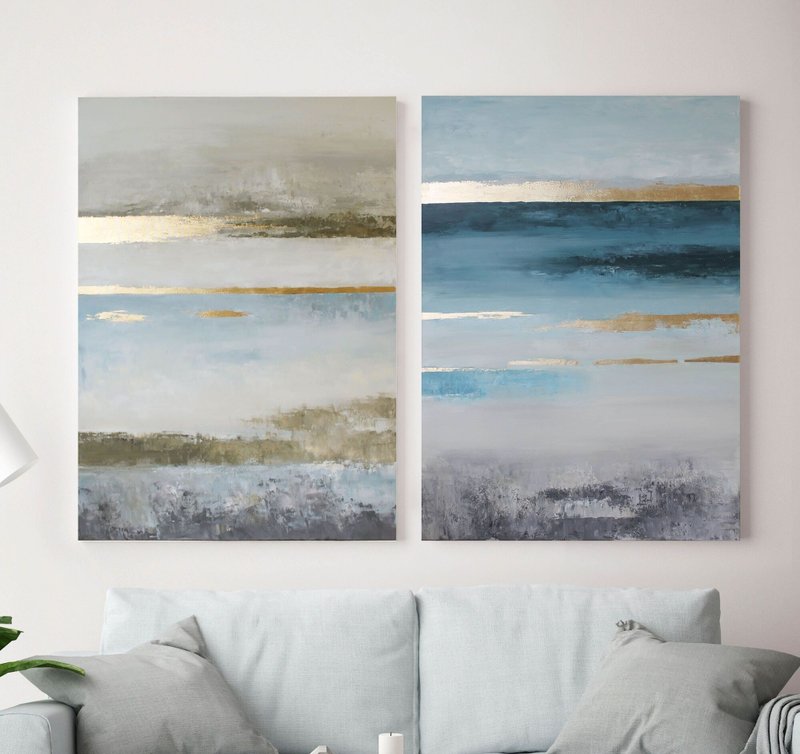 Blue and Gold Abstract Ocean|Blue Abstract Set of 2 Paintings|Navy placidity set - 壁貼/牆壁裝飾 - 棉．麻 藍色