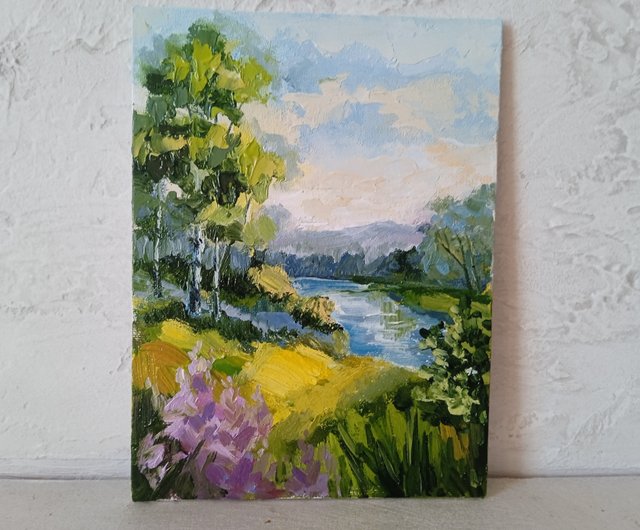 風景画。オリジナルアート。風景の壁画。白樺の木の絵。油彩