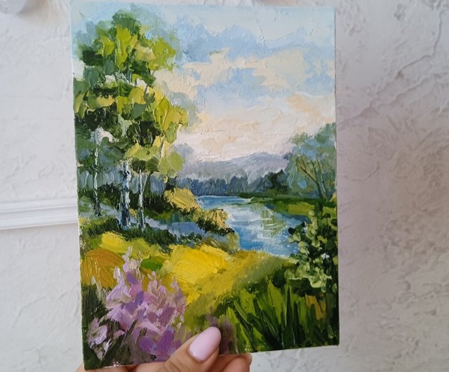 風景画。オリジナルアート。風景の壁画。白樺の木の絵。油彩