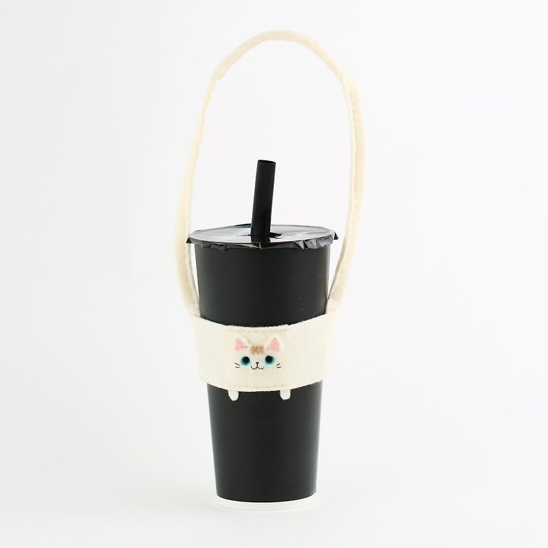 White cat beverage/potted plant bag beverage cup set - Beverage Holders & Bags - Wool 