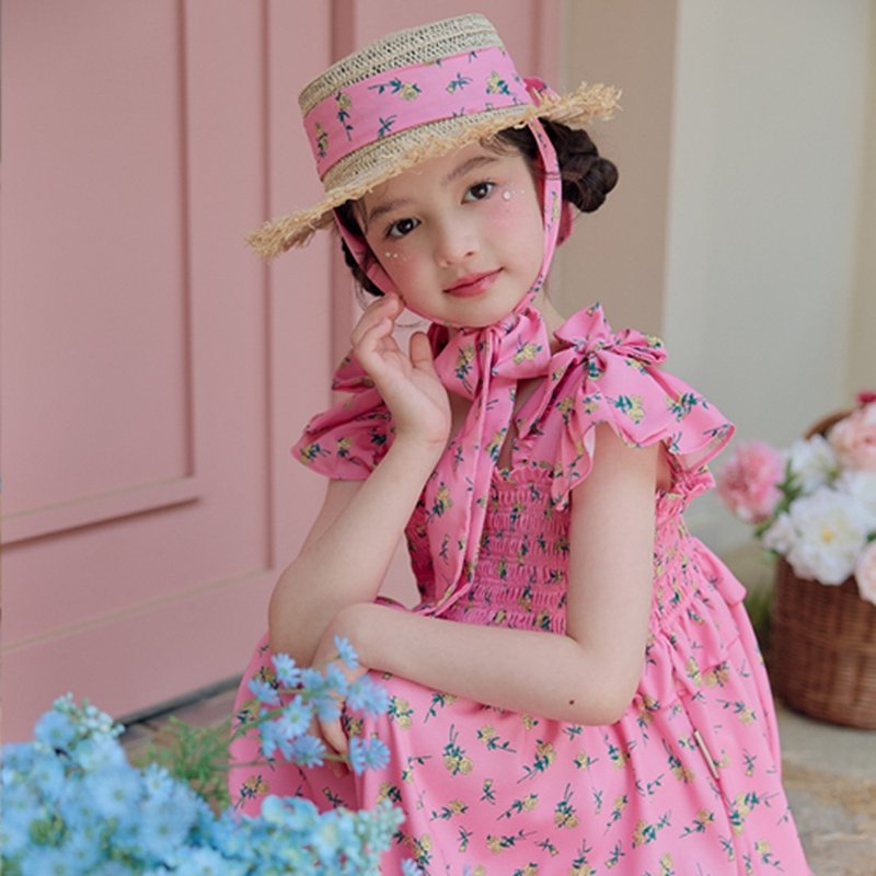 Rose Bow Smoked Dress - Hot Pink - 男/女童禮服 - 其他材質 