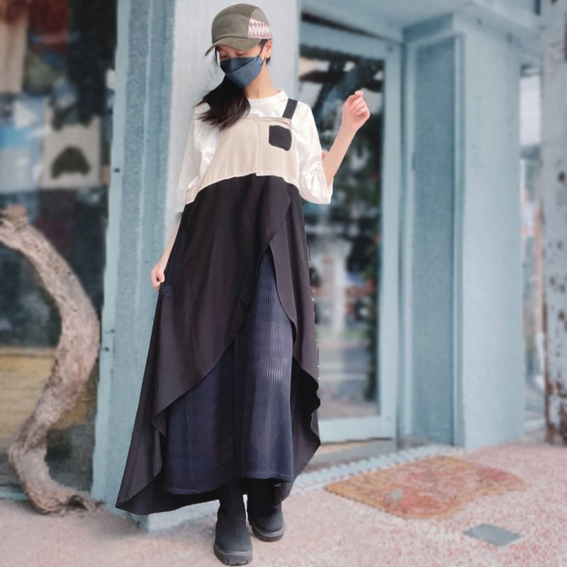 Black Khaki color block layered suspender skirt #U6030 - One Piece Dresses - Cotton & Hemp Black