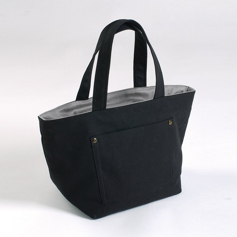 External Patch Pocket/Canvas Tote Bag - Black - Inner Grey - กระเป๋าถือ - ผ้าฝ้าย/ผ้าลินิน สีดำ