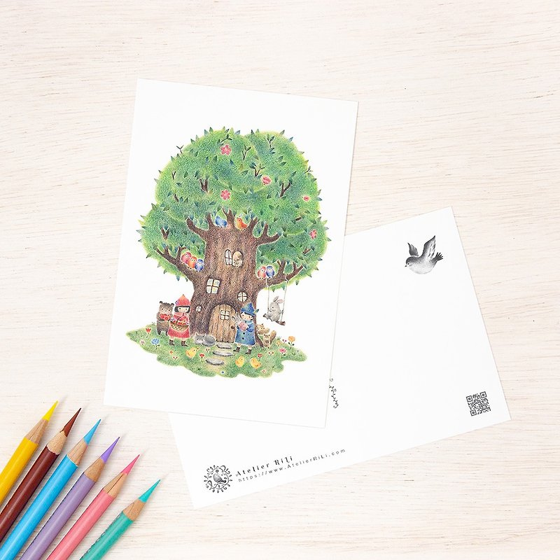 Set of 5 pieces. Like a picture book. Postcard "Big Tree House for Children and Animals" PC-45 - การ์ด/โปสการ์ด - กระดาษ สีเขียว