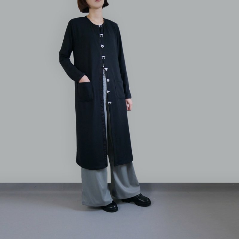 黑色蝴蝶結扣長版針織衫 - 女毛衣/針織衫 - 其他人造纖維 黑色