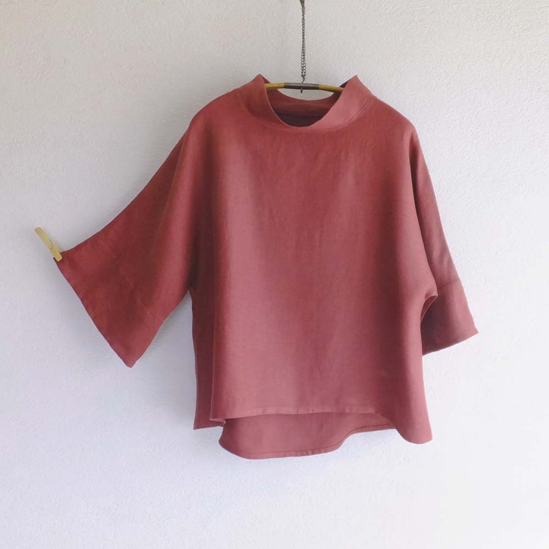 法國亞麻 套頭衫 七分袖　上衣-Wine red - 女上衣/長袖上衣 - 棉．麻 紅色