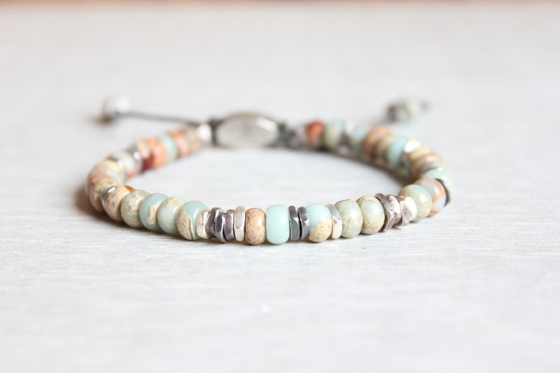C.Chun Handmade Design Jewelry 壽山石輪胎珠x銀片拉繩式手鍊 - 手鍊/手環 - 寶石 灰色