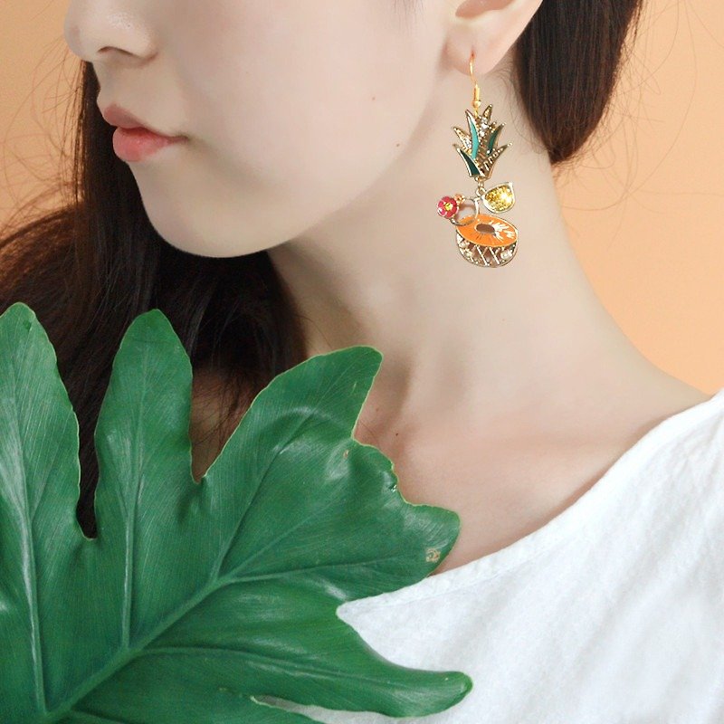 鳳梨耳環 甜美可愛水果耳夾 個性誇張長款耳墜 禮物 - 耳環/耳夾 - 其他金屬 橘色