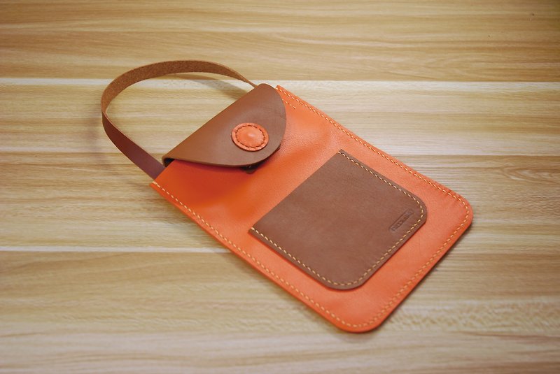 Mobile phone small bag leather hand sewing (orange / brown) - Handbags & Totes - Genuine Leather Orange
