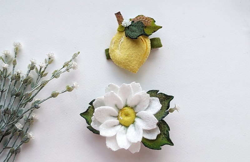 Lemon and chamomile hair clips, white flowers baby barrette - Baby Accessories - Other Materials 