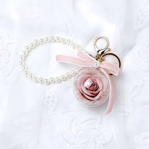 萍水相逢 永生玫瑰花球鑰匙圈吊飾-粉紅玫瑰珍珠鏈 生日禮物 畢業禮物