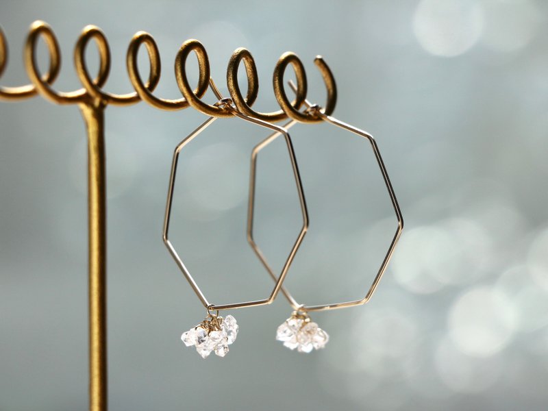 14kgf-heptagon herkimer diamond pierced earrings - ต่างหู - โลหะ สีใส