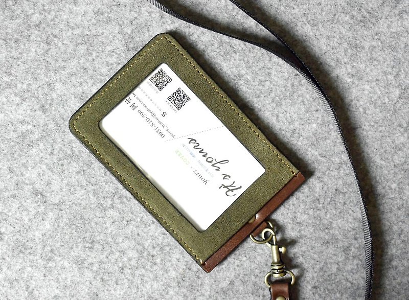 YOURS Straight ID Holder Army Green Suede + Dark Wood Leather - ID & Badge Holders - Genuine Leather 
