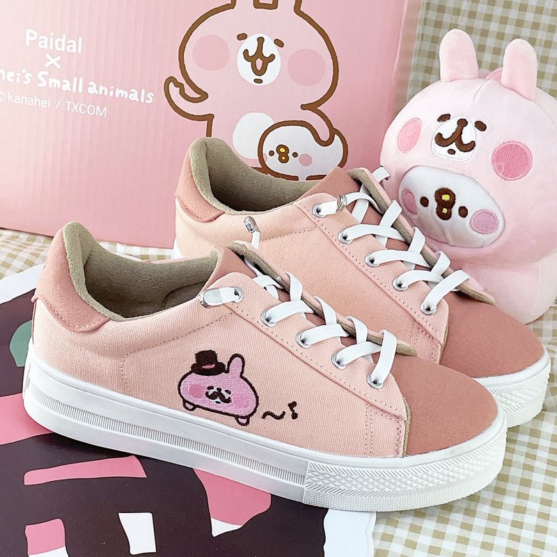 Paidal x 卡娜赫拉的小動物 翹鬍子粉紅兔兔免綁帶跳色厚底休閒鞋 - 女休閒鞋/帆布鞋 - 棉．麻 粉紅色