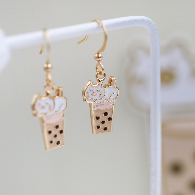 Cat, Polar bear, milk tea with tapioca balls, Taiwan earrings and clip-ons - Earrings & Clip-ons - Enamel Yellow