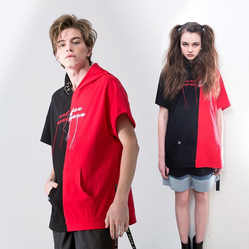 【中性款】 雙色拼接 連帽上衣 / 黑+紅 - T 恤 - 棉．麻 黑色