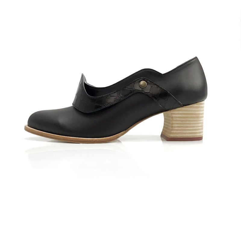 Mountain mist  (black mid heels handmade leather shoes) - รองเท้าลำลองผู้หญิง - หนังแท้ สีดำ