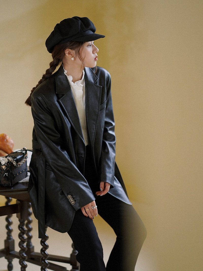 Nostalgic black CITY GIRL urban casual lace-up PU suit simple lapel mid-length leather jacket - เสื้อแจ็คเก็ต - หนังเทียม สีดำ
