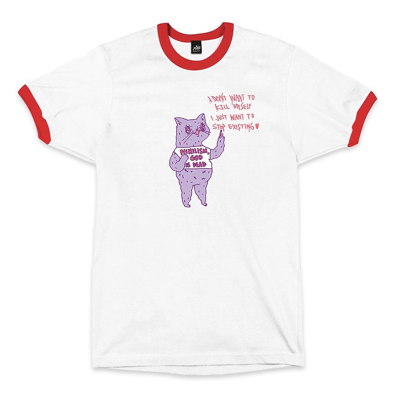 虛無主義貓貓 - 滾邊白/紅 - 中性版T恤 - 男 T 恤 - 棉．麻 白色