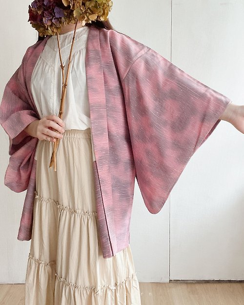 REreburn 日本製和風印花粉紫色漸層古著羽織和服外套-瑕疵特