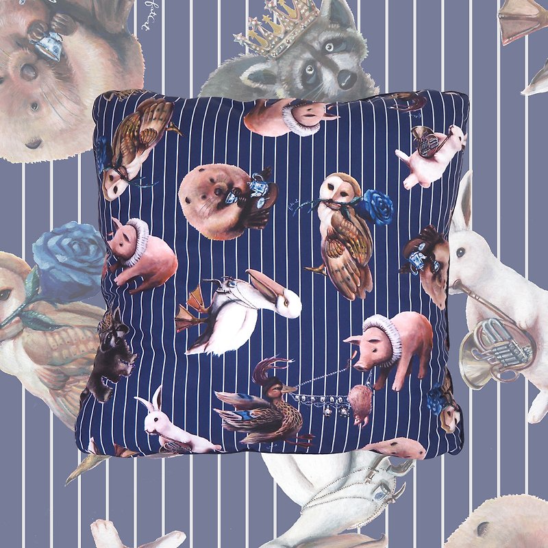 Animal Tea Party Pillowcase (Dark Blue & Light Grey Stripe) - 枕頭/抱枕 - 紙 