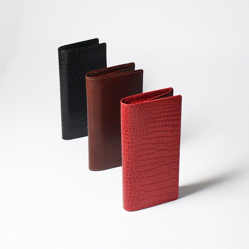 Red crocodile pattern simple long clip leather credit card birthday gift - กระเป๋าสตางค์ - หนังแท้ สีแดง