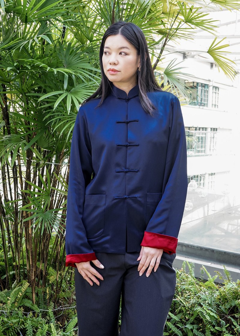中式雙面唐裝褸(深藍色/紅色)|香港設計|休閑|經典|撞色 - 旗袍/改良式旗袍 - 聚酯纖維 藍色