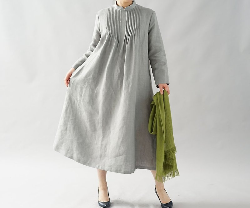 thick linen dress / pintuck / fastener zipper on the back / gray a081b-gry2 - ชุดเดรส - ผ้าฝ้าย/ผ้าลินิน สีเทา