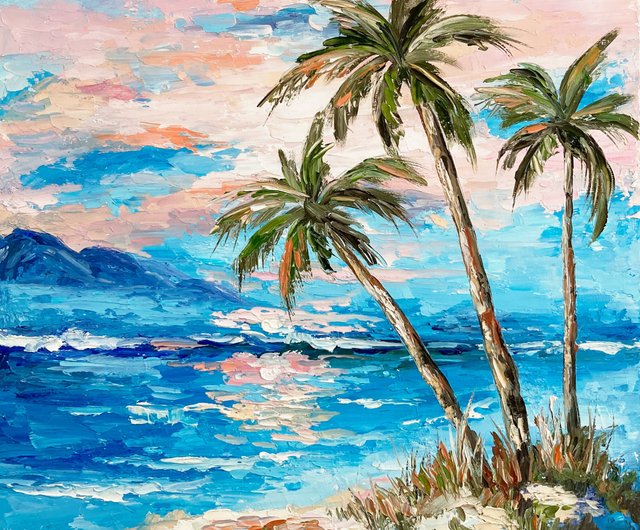 Palm trees painting Seascape oil original artwork Sunset canvas