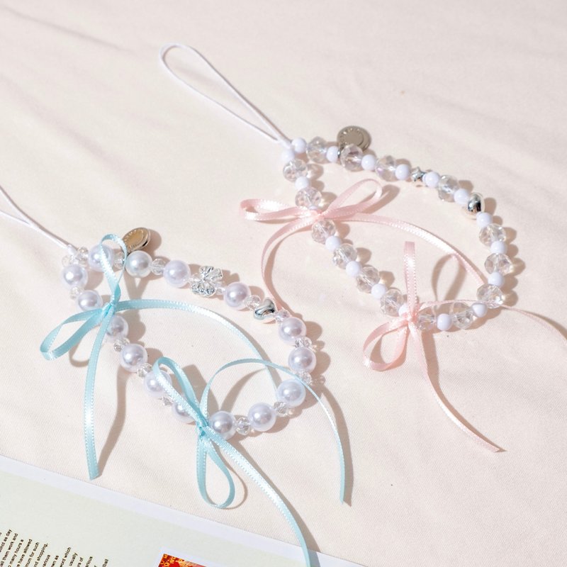 Pink x Blue Ribbon Pearl Phone Charm - 手機掛繩/背帶 - 其他材質 多色