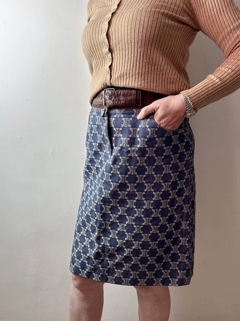 中古名牌 Celine 凱旋門牛仔裙 半裙 皮革腰帶 古著 大碼 XL - 裙子/長裙 - 棉．麻 藍色
