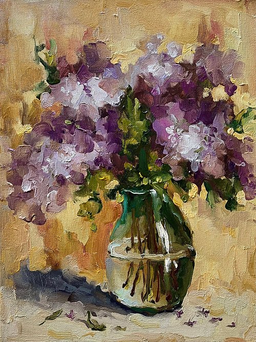 DiyaSanat Lilac Painting Peony Original Art Lilac Impasto Painting Flowers Abstract Canvas
