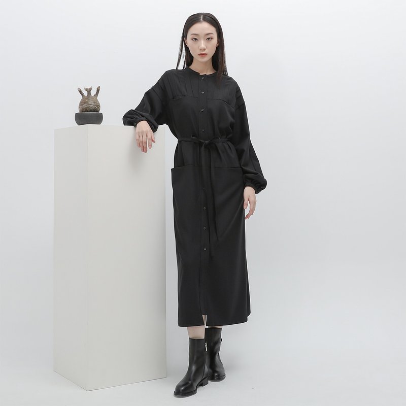Zhaolu_Dew Lantern Sleeve Dress_22AF104_Black - One Piece Dresses - Polyester Black