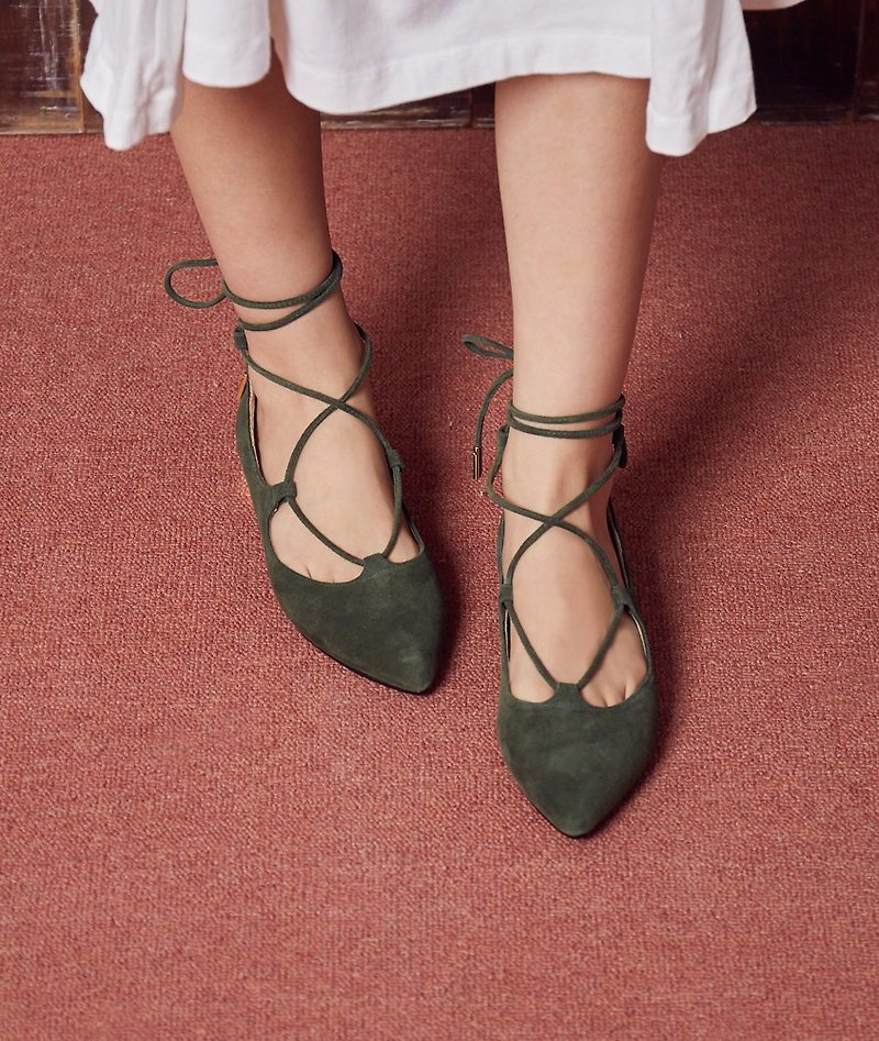 【法式調情】繞踝綁帶尖頭金屬跟平底鞋_森林綠(22-24) - 女皮鞋 - 真皮 綠色
