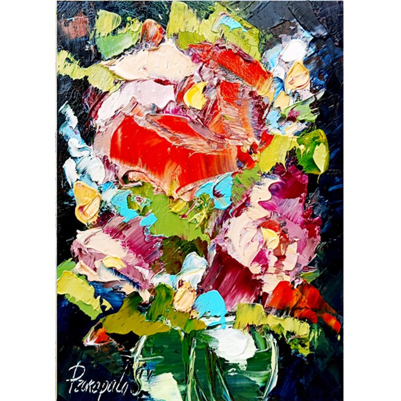 Peonies Painting Floral Oil Flowers Peony Original Art (13 cm * 18 cm) - Wall Décor - Other Materials Red