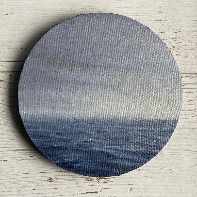 Small Ocean Painting, Landscape Painting, Foggy Ocean, Oil Painting On Canvas - โปสเตอร์ - ผ้าฝ้าย/ผ้าลินิน สีน้ำเงิน