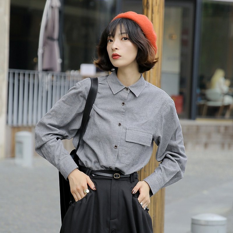 Twill sanded cotton tooling long sleeve shirt|shirt|autumn|cotton|Sora-373 - Women's Shirts - Cotton & Hemp Gray