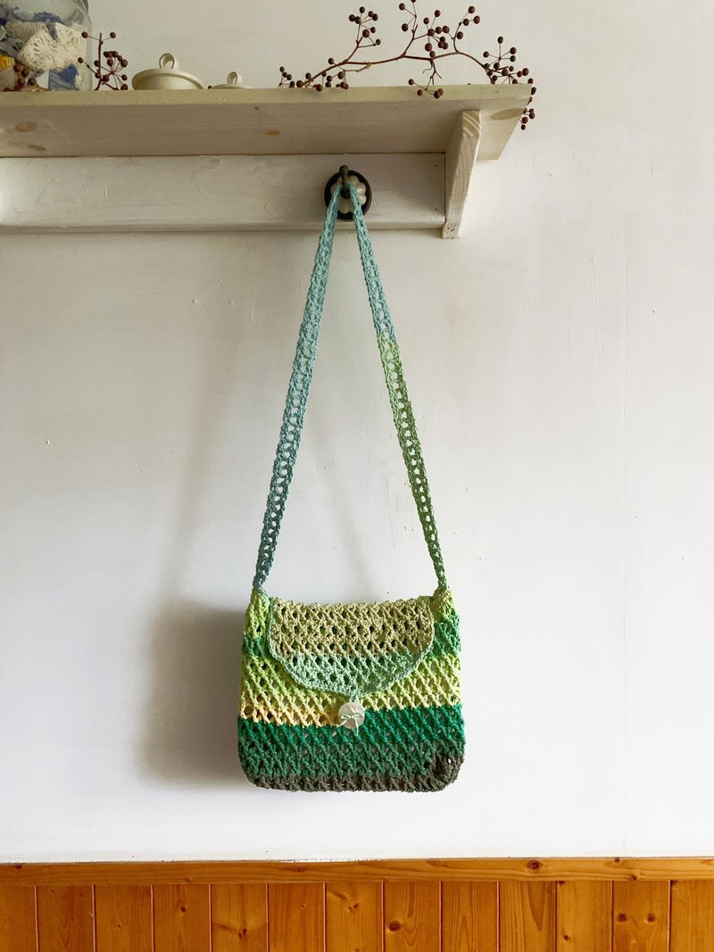 【好日手作】Handmade。手工韓國棉線編織鏤空漸層綠斜背側背包 - 側背包/斜背包 - 棉．麻 多色