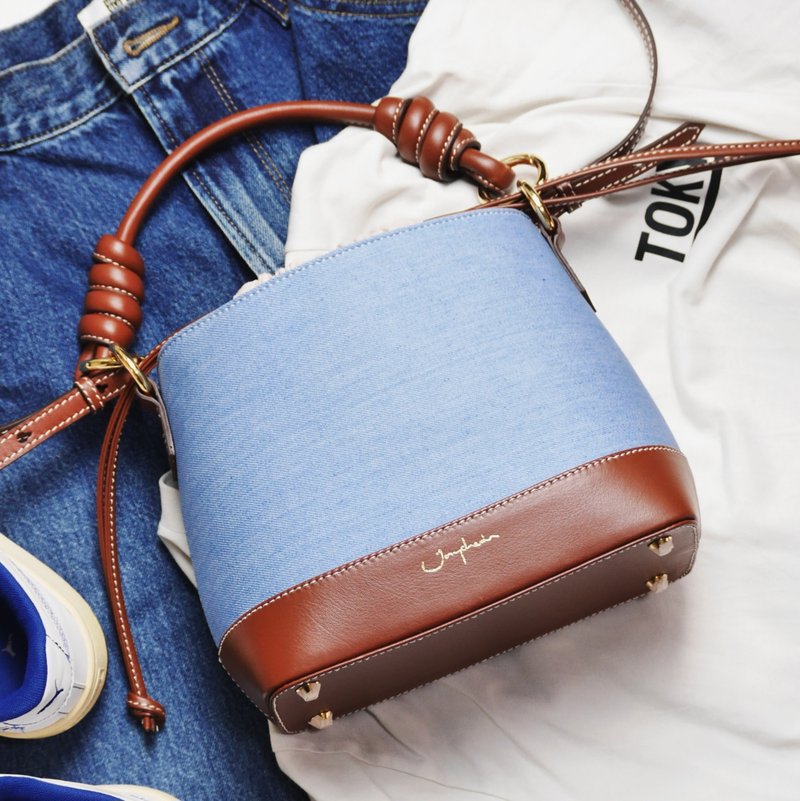 Fuji Bucket Bag in Denim Jeans Espresso - Drawstring Bags - Cotton & Hemp Blue