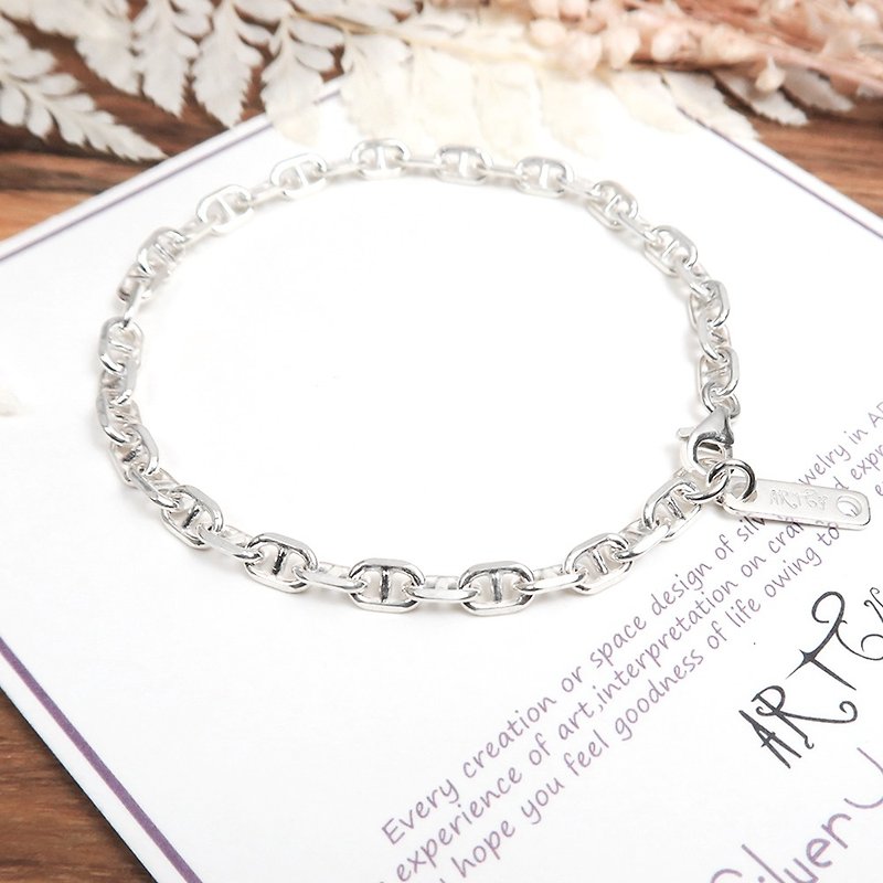 Angular Sea Anchor Bracelet Silver and White (3.8mm Medium Wide Chain) 925 Sterling Silver Lettering Bracelet - สร้อยข้อมือ - เงินแท้ สีเงิน