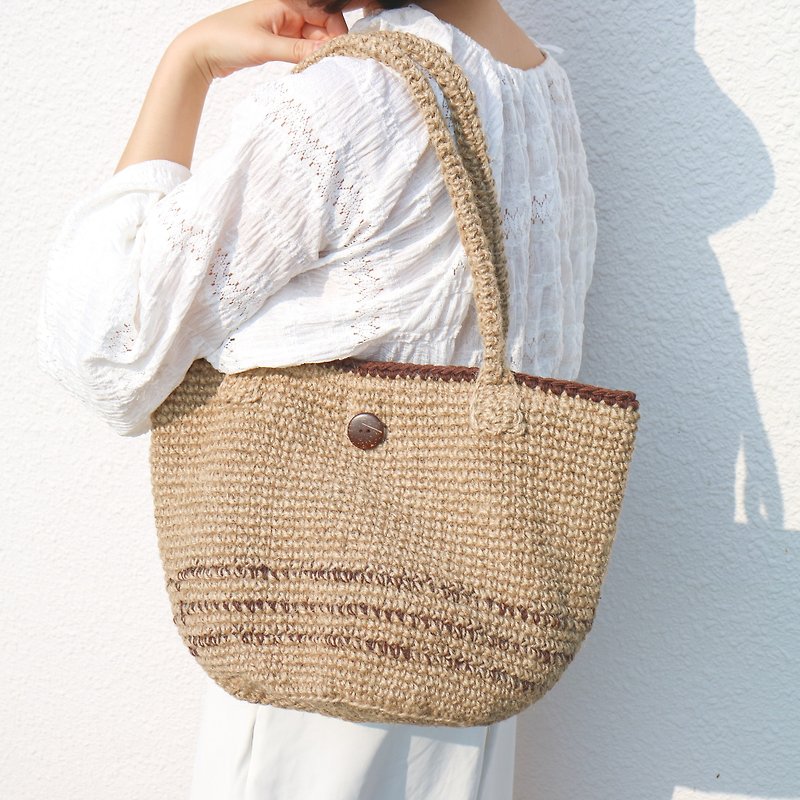 Natural Hemp Rope Stripe Big Shoulder Bag / Natural Hemp Handbag - กระเป๋าถือ - ผ้าฝ้าย/ผ้าลินิน 