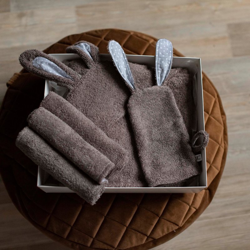 SET: Hooded Towel, Mitten and mini towels dark grey set for a Baby or Toddler - 毛巾/浴巾 - 棉．麻 灰色